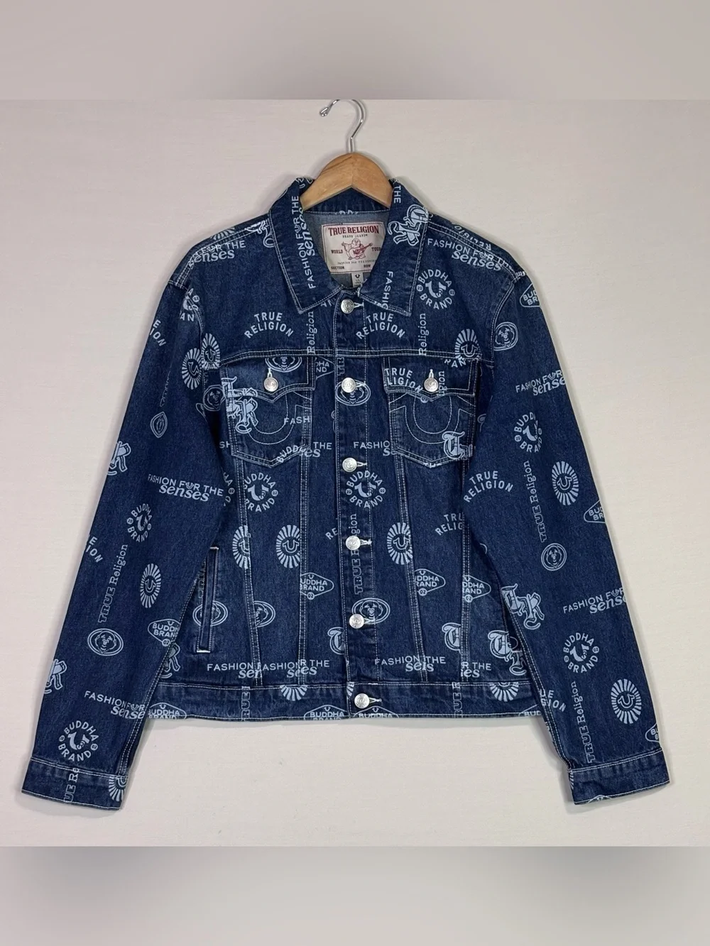 True Religion AOP Logo Denim Jacket World Tour Trucker Blue Large